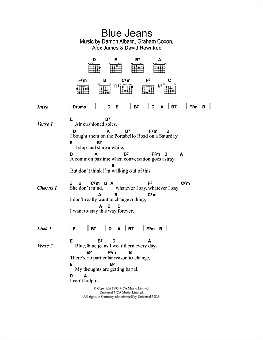 Blur Blue Jeans sheet music notes and chords arranged for Guitar Chords/Lyrics