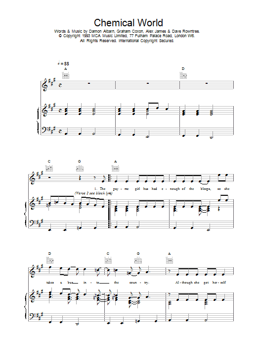 Blur Chemical World sheet music notes and chords arranged for Piano, Vocal & Guitar Chords