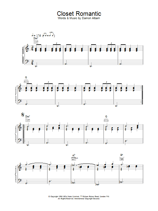 Blur Closet Romantic sheet music notes and chords arranged for Piano, Vocal & Guitar Chords