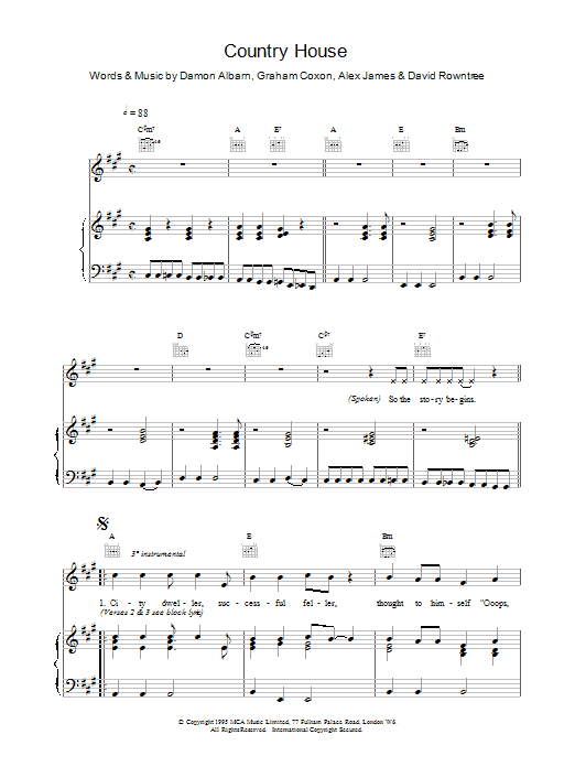 Blur Country House sheet music notes and chords arranged for Guitar Tab