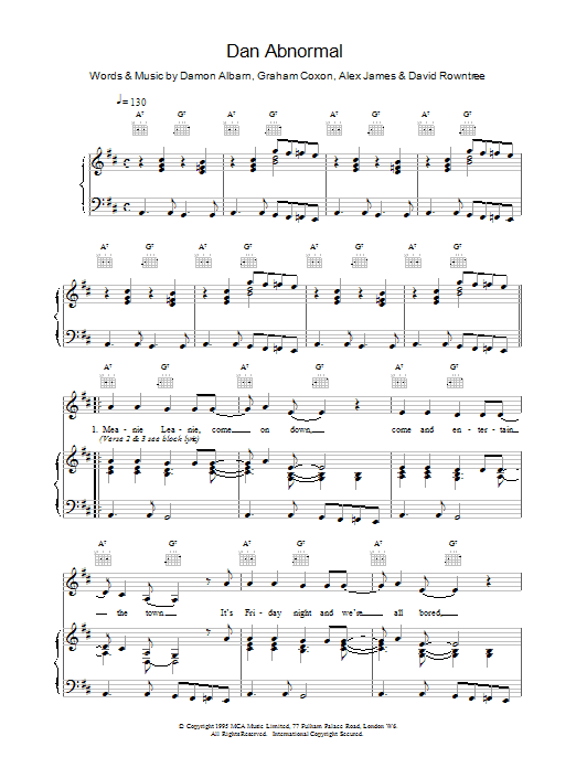 Blur Dan Abnormal sheet music notes and chords arranged for Piano, Vocal & Guitar Chords