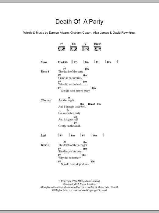 Blur Death Of A Party sheet music notes and chords arranged for Guitar Chords/Lyrics