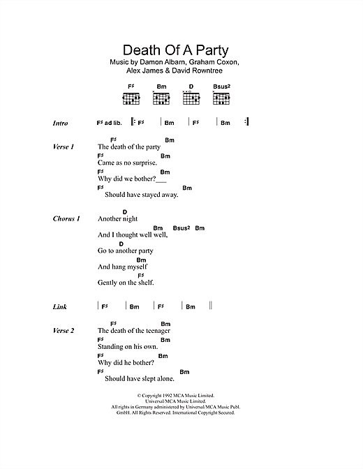 Blur Death Of A Party sheet music notes and chords arranged for Guitar Chords/Lyrics