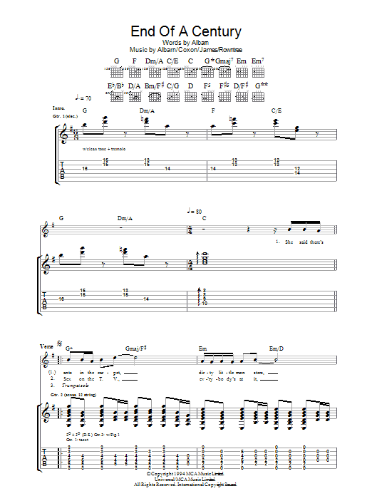 Blur End Of A Century sheet music notes and chords arranged for Piano, Vocal & Guitar Chords