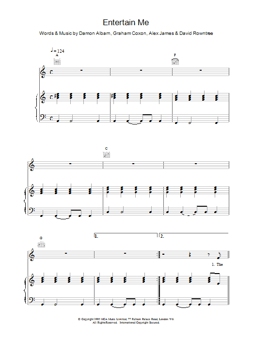 Blur Entertain Me sheet music notes and chords arranged for Piano, Vocal & Guitar Chords