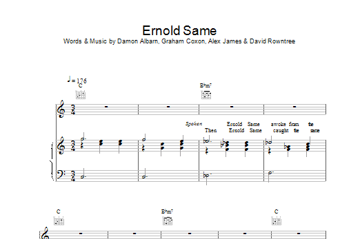 Blur Ernold Same sheet music notes and chords arranged for Piano, Vocal & Guitar Chords