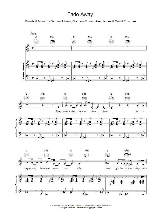 Blur Fade Away sheet music notes and chords arranged for Piano, Vocal & Guitar Chords