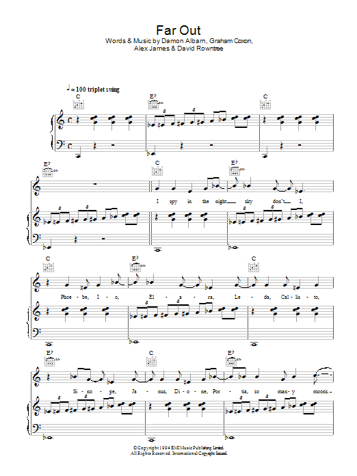 Blur Far Out sheet music notes and chords arranged for Piano, Vocal & Guitar Chords