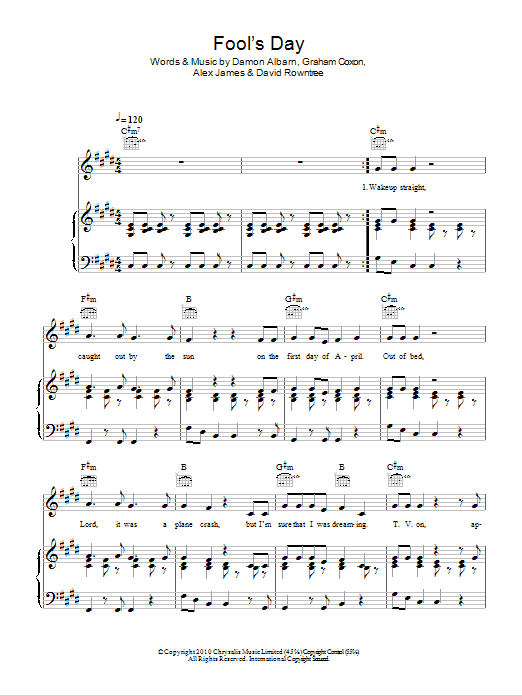Blur Fool's Day sheet music notes and chords arranged for Piano, Vocal & Guitar Chords