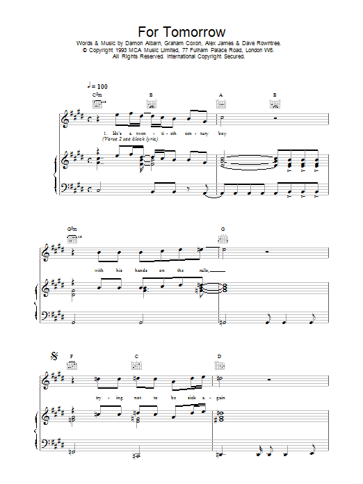 Blur For Tomorrow sheet music notes and chords arranged for Guitar Chords/Lyrics