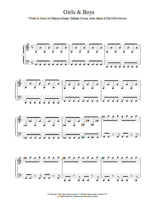 Blur Girls And Boys sheet music notes and chords arranged for Guitar Chords/Lyrics