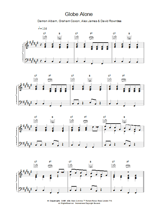 Blur Globe Alone sheet music notes and chords arranged for Piano, Vocal & Guitar Chords