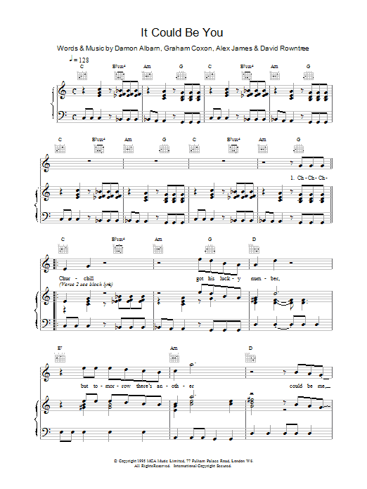 Blur It Could Be You sheet music notes and chords arranged for Guitar Chords/Lyrics
