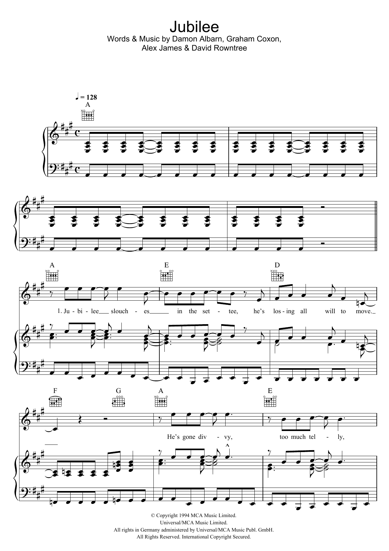 Blur Jubilee sheet music notes and chords arranged for Piano, Vocal & Guitar Chords