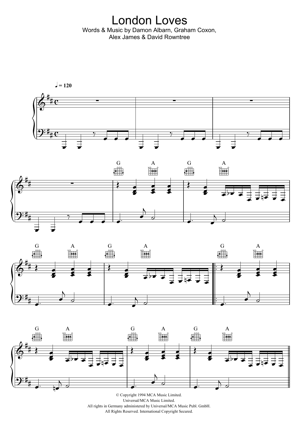 Blur London Loves sheet music notes and chords arranged for Piano, Vocal & Guitar Chords
