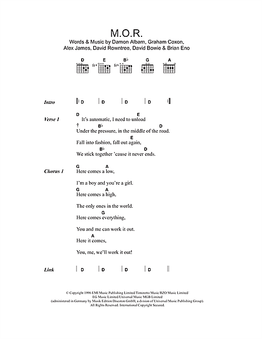 Blur M.O.R. sheet music notes and chords arranged for Guitar Chords/Lyrics