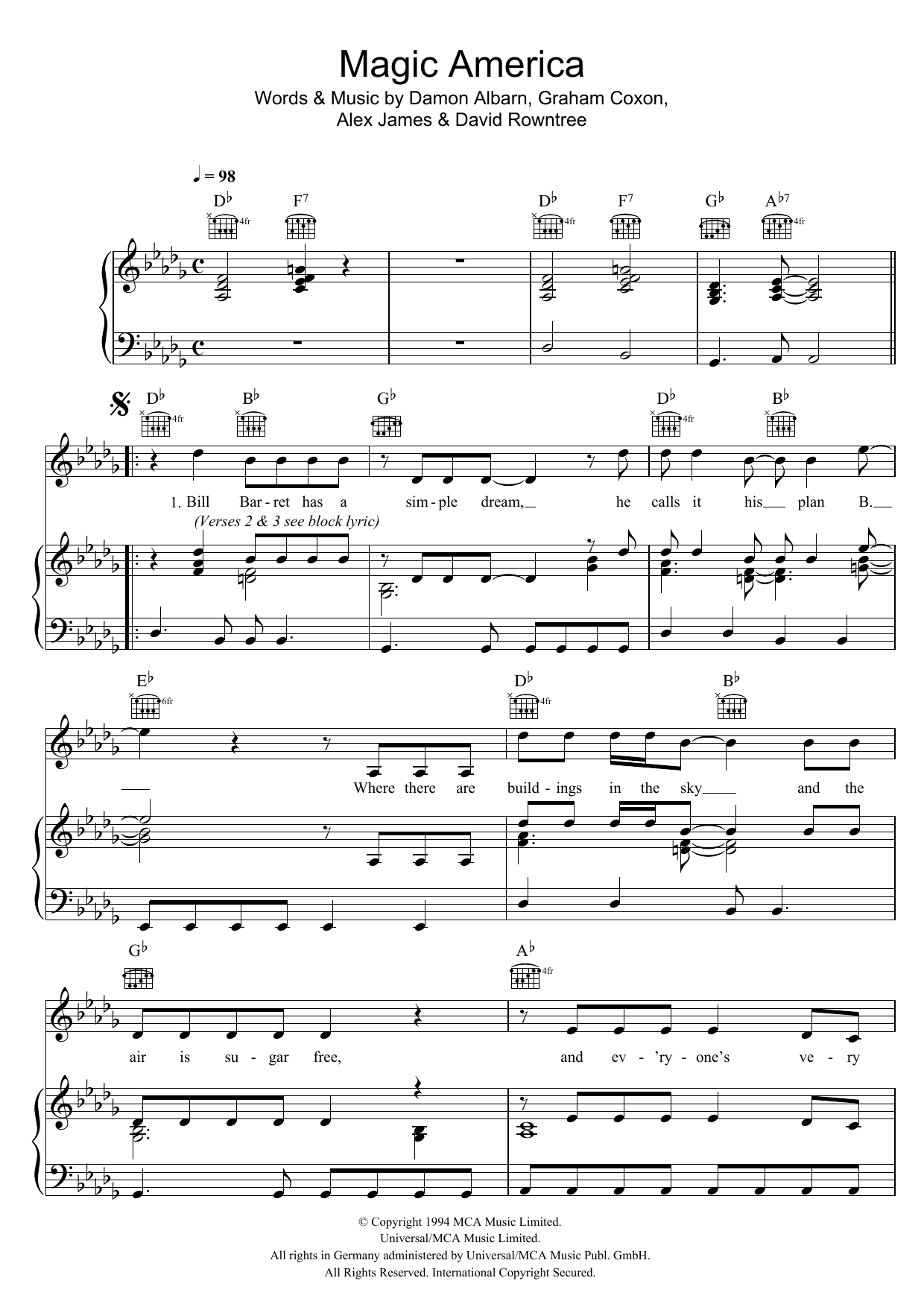 Blur Magic America sheet music notes and chords arranged for Piano, Vocal & Guitar Chords