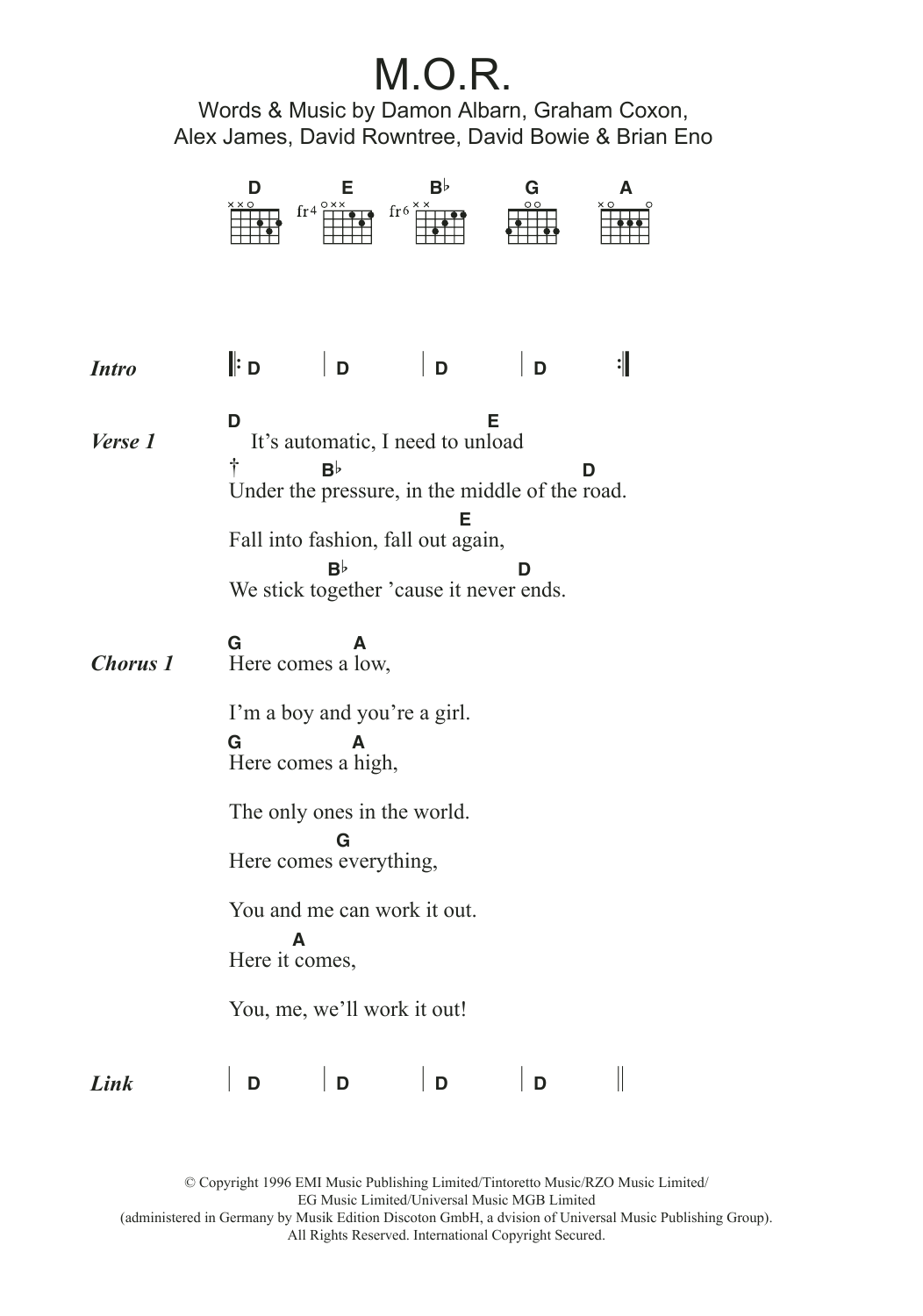 Blur M.O.R. sheet music notes and chords arranged for Guitar Chords/Lyrics
