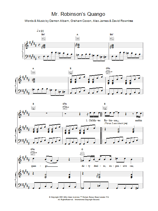 Blur Mr Robinson's Quango sheet music notes and chords arranged for Piano, Vocal & Guitar Chords