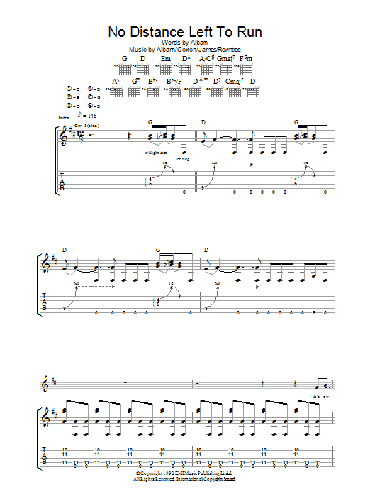 Blur No Distance Left To Run sheet music notes and chords arranged for Guitar Tab
