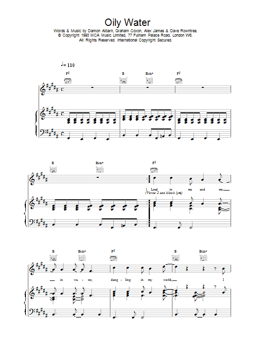 Blur Oily Water sheet music notes and chords arranged for Piano, Vocal & Guitar Chords