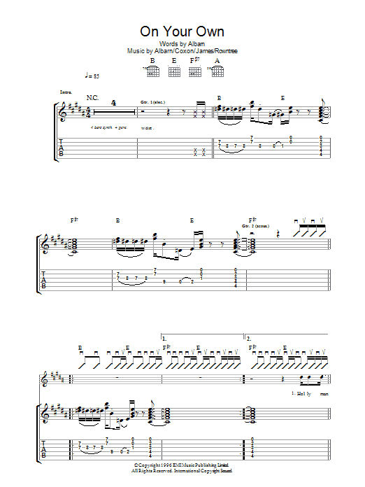 Blur On Your Own sheet music notes and chords arranged for Guitar Chords/Lyrics