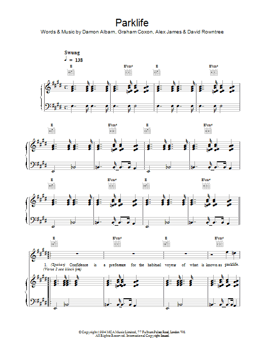 Blur Parklife sheet music notes and chords arranged for Piano, Vocal & Guitar Chords