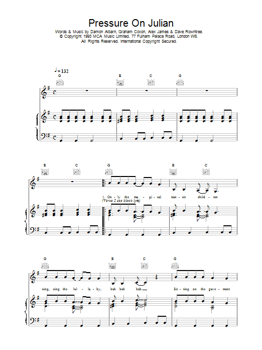 Blur Pressure On Julian sheet music notes and chords arranged for Piano, Vocal & Guitar Chords