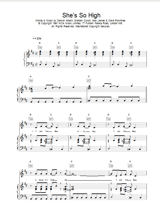Blur She's So High sheet music notes and chords arranged for Piano, Vocal & Guitar Chords