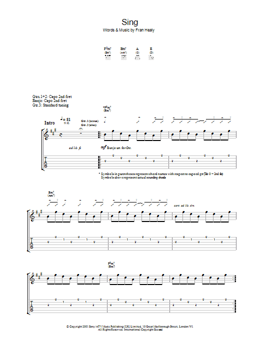 Blur Sing sheet music notes and chords arranged for Piano, Vocal & Guitar Chords