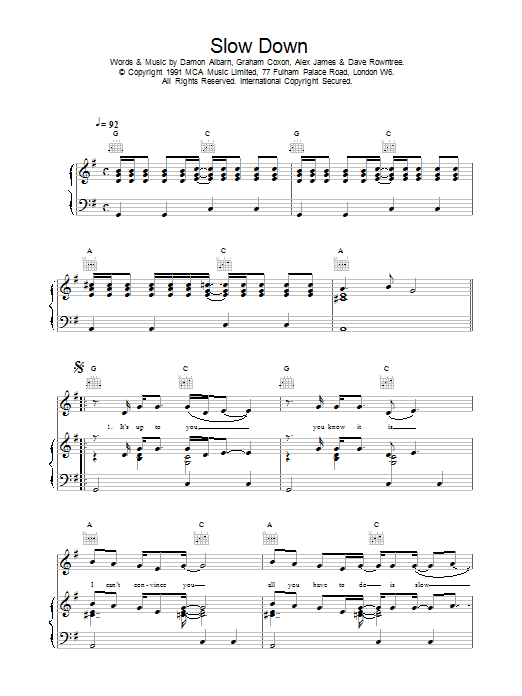 Blur Slow Down sheet music notes and chords arranged for Piano, Vocal & Guitar Chords
