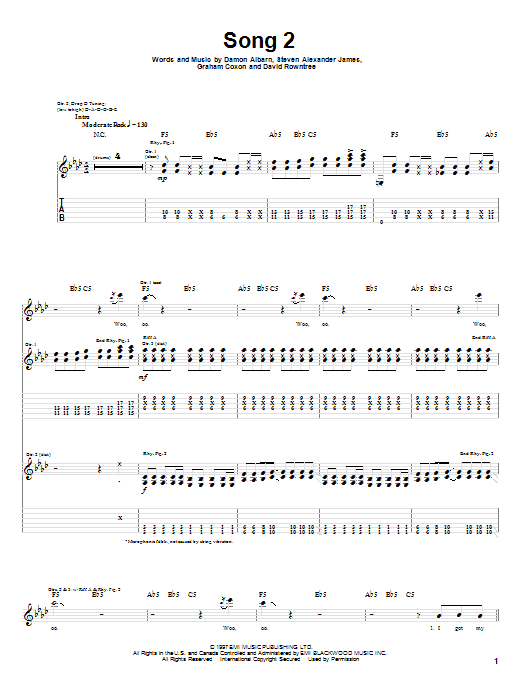 Blur Song 2 sheet music notes and chords arranged for Easy Guitar