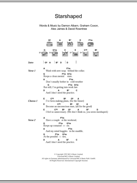 Blur Starshaped sheet music notes and chords arranged for Guitar Chords/Lyrics