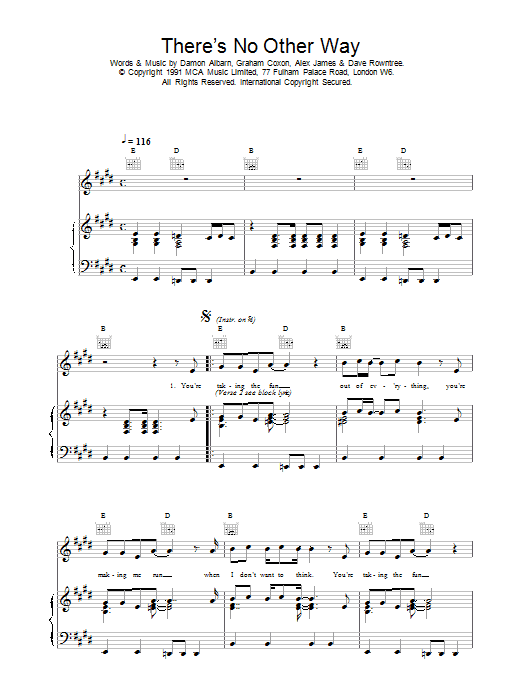 Blur There's No Other Way sheet music notes and chords arranged for Piano, Vocal & Guitar Chords