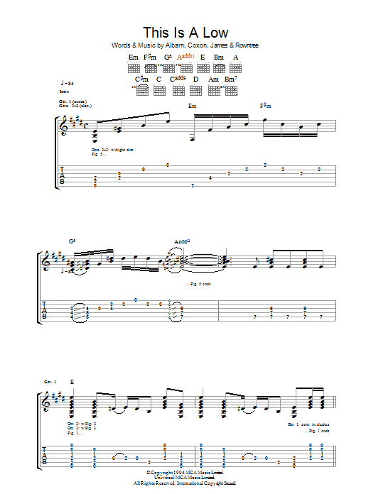 Blur This Is A Low sheet music notes and chords arranged for Piano, Vocal & Guitar Chords