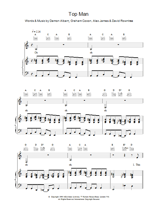 Blur Top Man sheet music notes and chords arranged for Guitar Chords/Lyrics
