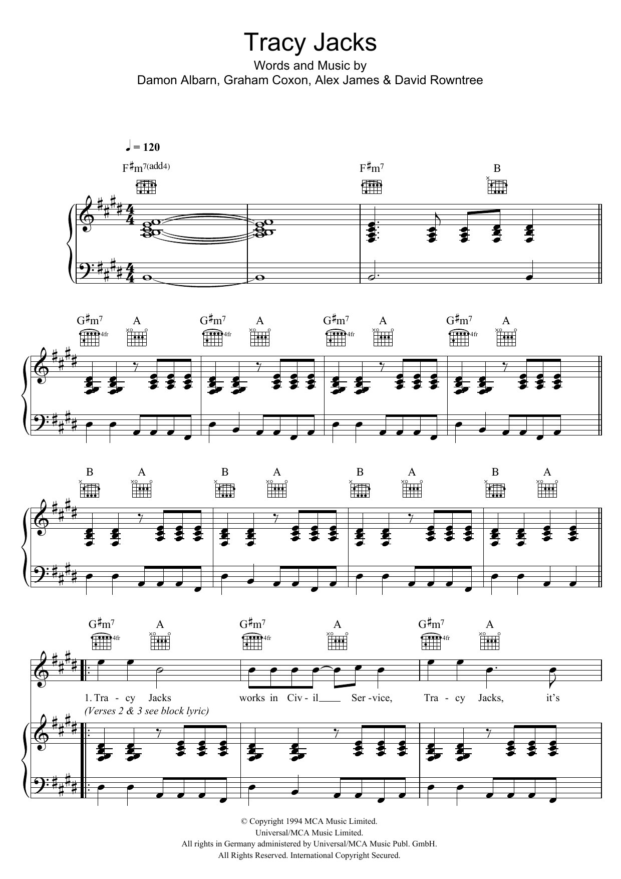 Blur Tracy Jacks sheet music notes and chords arranged for Guitar Chords/Lyrics