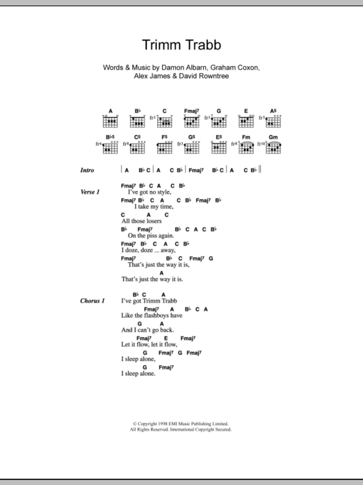 Blur Trimm Trabb sheet music notes and chords arranged for Guitar Chords/Lyrics