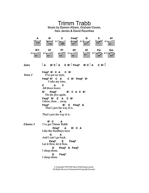 Blur Trimm Trabb sheet music notes and chords arranged for Guitar Chords/Lyrics