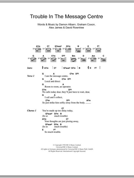 Blur Trouble In The Message Centre sheet music notes and chords arranged for Guitar Chords/Lyrics