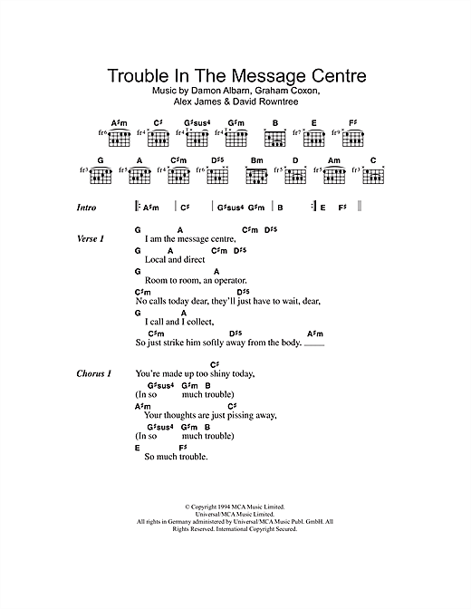Blur Trouble In The Message Centre sheet music notes and chords arranged for Guitar Chords/Lyrics
