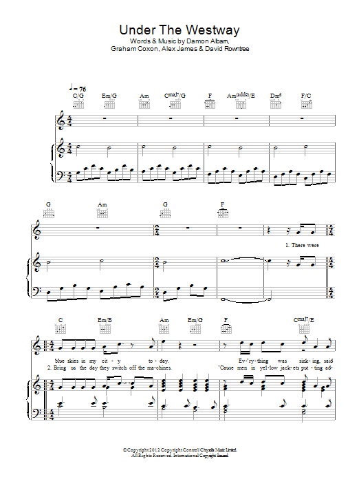 Blur Under The Westway sheet music notes and chords arranged for Piano, Vocal & Guitar Chords