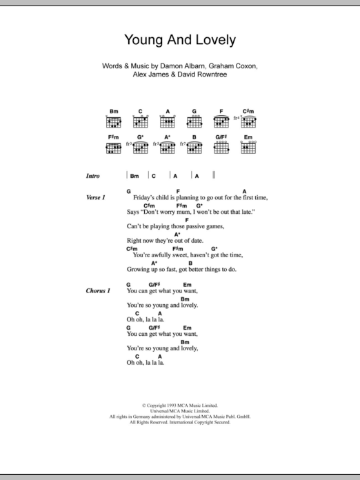 Blur Young And Lovely sheet music notes and chords arranged for Guitar Chords/Lyrics