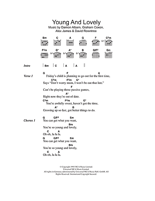 Blur Young And Lovely sheet music notes and chords arranged for Guitar Chords/Lyrics