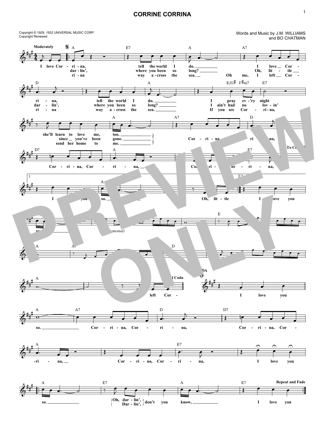 Bo Chatman Corrine Corrina sheet music notes and chords arranged for Lead Sheet / Fake Book