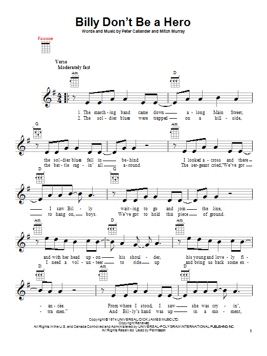 Bo Donaldson and the Heywoods Billy, Don't Be A Hero sheet music notes and chords arranged for Ukulele