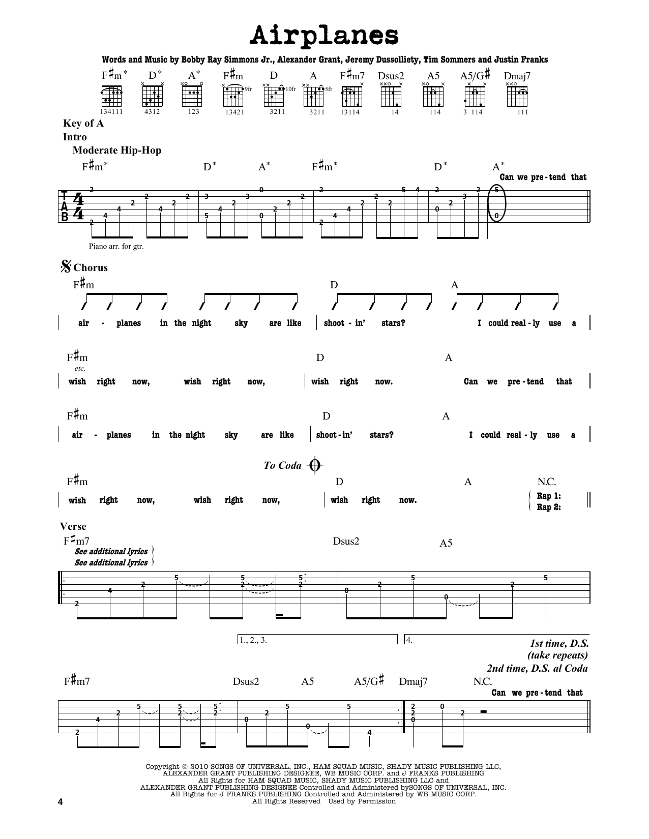 B.o.B. Airplanes (feat. Hayley Williams) sheet music notes and chords arranged for Guitar Lead Sheet