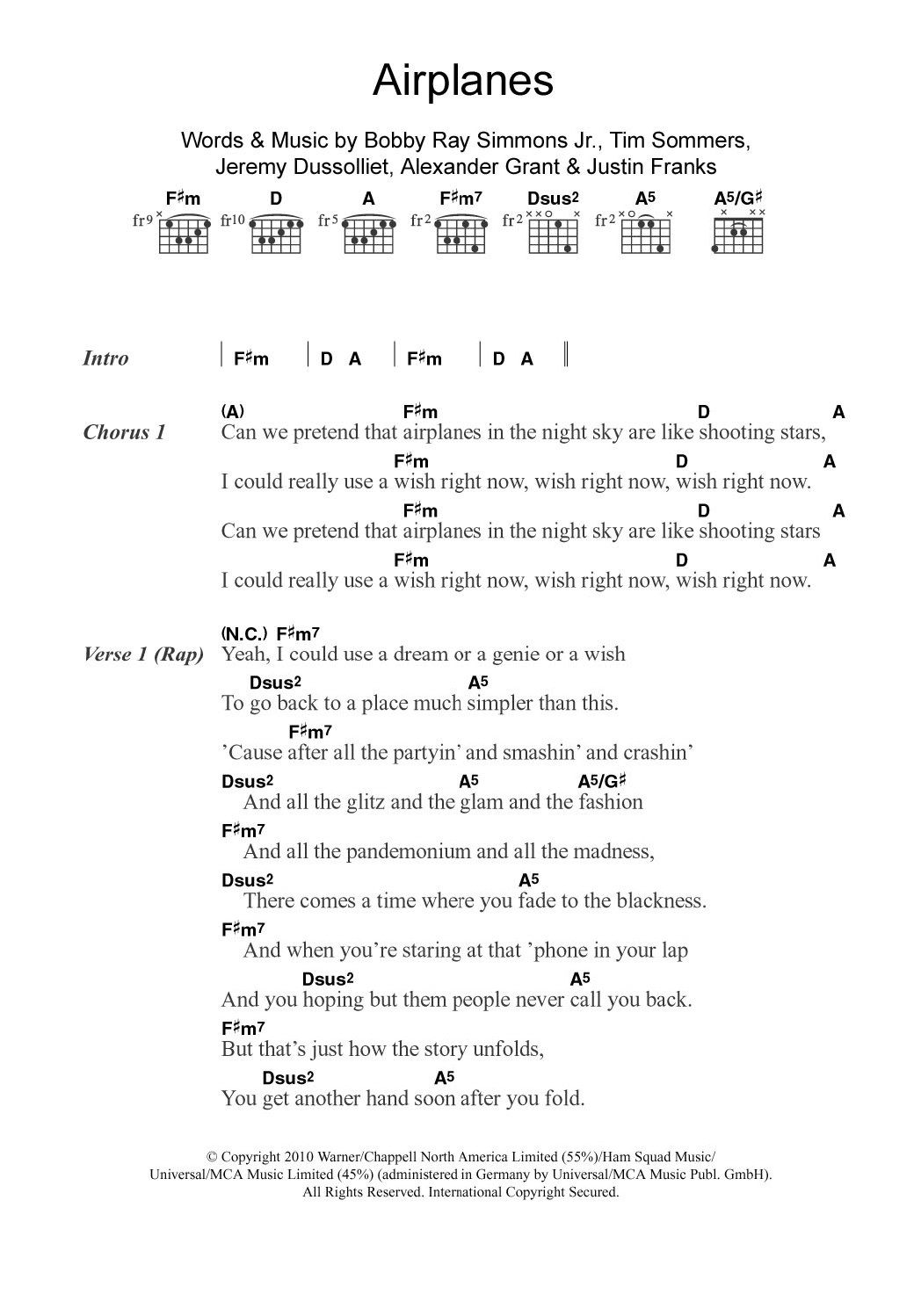 B.o.B Airplanes (featuring Hayley Williams) sheet music notes and chords arranged for Guitar Chords/Lyrics
