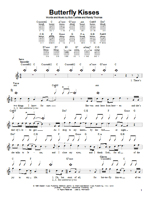 Bob Carlisle Butterfly Kisses sheet music notes and chords arranged for Piano, Vocal & Guitar Chords (Right-Hand Melody)