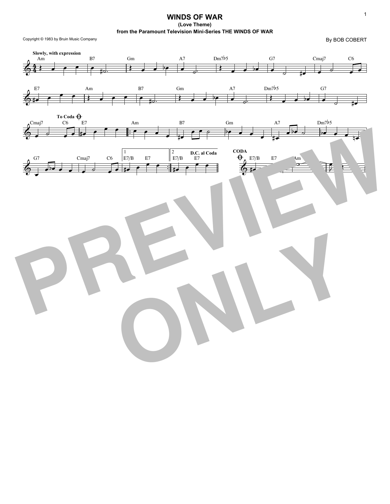 Bob Cobert Winds Of War (Love Theme) sheet music notes and chords arranged for Lead Sheet / Fake Book